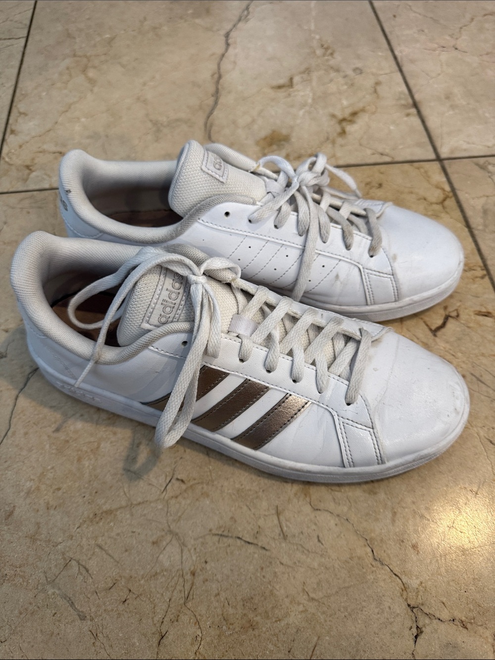 adidas White Sneakers with Metallic Gold Stripes